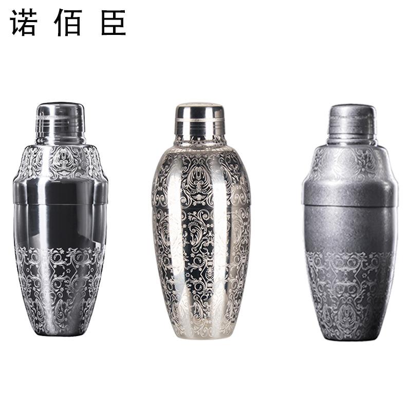 304不锈钢美式调酒器醒酒器三段式摇酒壶蚀刻刻花调酒器酒吧用品