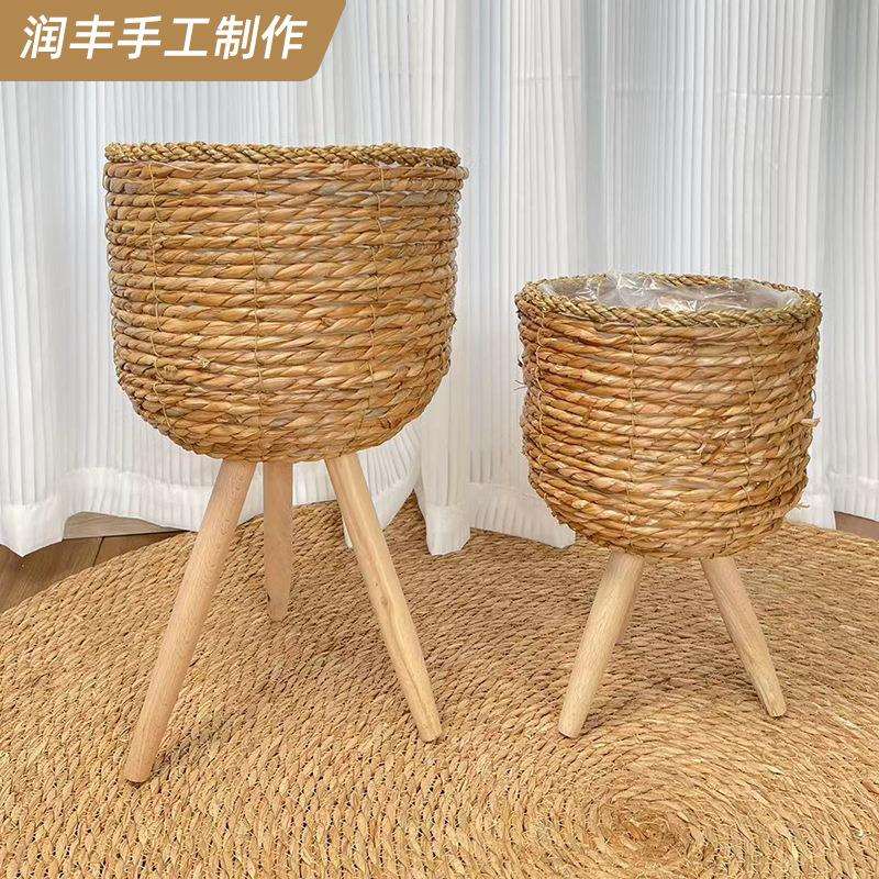 手工花篮 藤编草编实木花架客厅绿植架藤编花篮编织阳台落地花盆