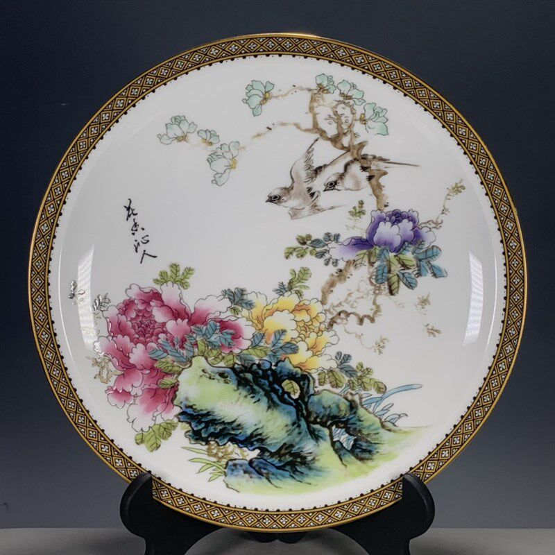 古玩瓷器收藏清代乾隆年制粉彩花鸟赏盘盘子摆件