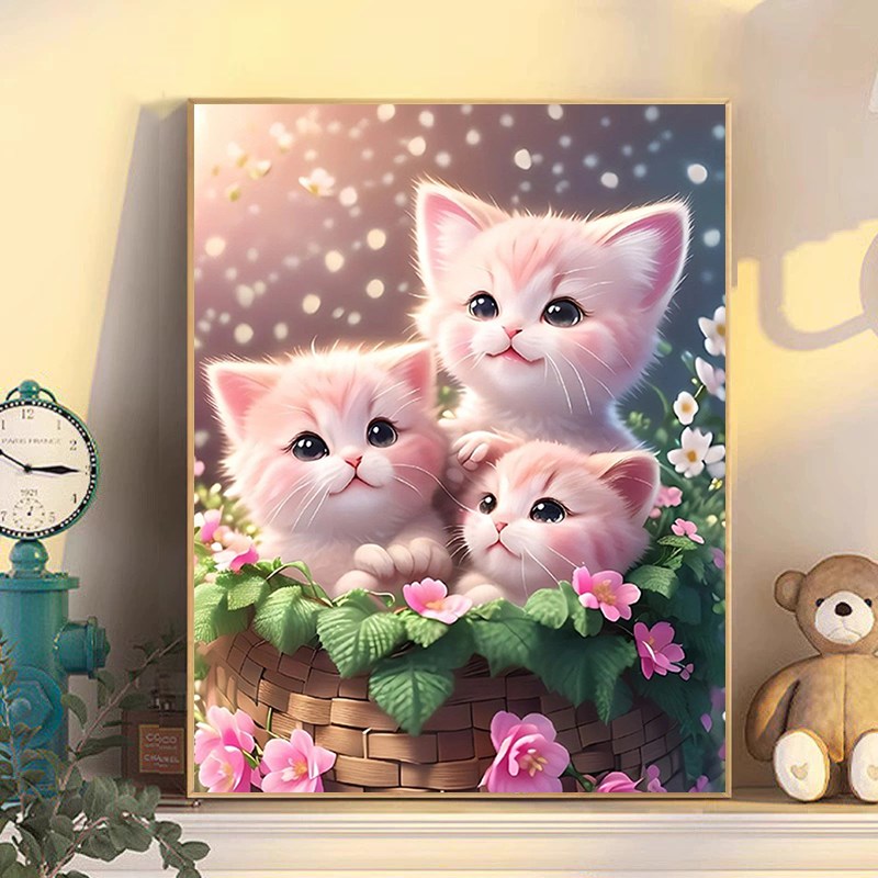 卡通可爱动物猫咪钻石画2024新款小幅手工5d点贴钻十字绣卧室满钻