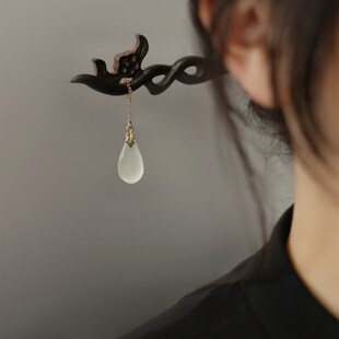 转朱阁 弄梅木簪黑檀天然岫玉水滴吊坠发簪清冷复古风簪子 送礼物