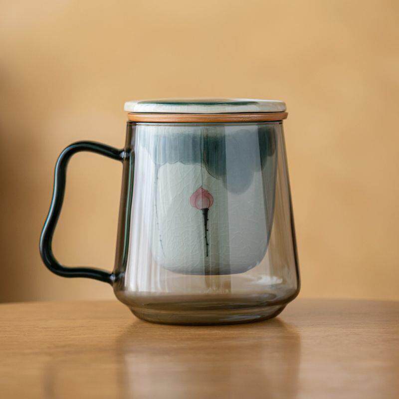 玻璃茶水分离办公杯创意釉下彩个人喝茶杯办公室专用过滤泡茶杯