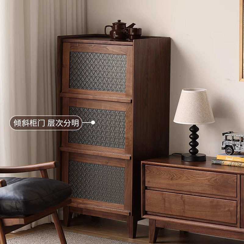 北美黑胡桃木立柜实木边柜小户型复古海棠花玻璃书柜杂志收纳斗柜