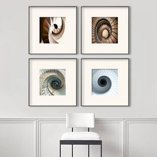 旋转楼梯艺术挂画正方形卡纸画现代简约黑白风格画北欧四联组合画