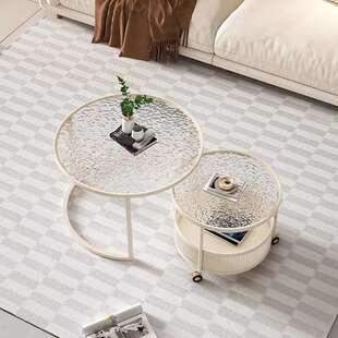 奶油风可移动圆形玻璃茶几子母大小组合客厅家用带轮小户型轻奢