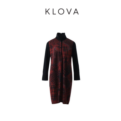 【KLOVA】冬季蔷薇红千鸟格茧型连衣裙  LT5854(UN)