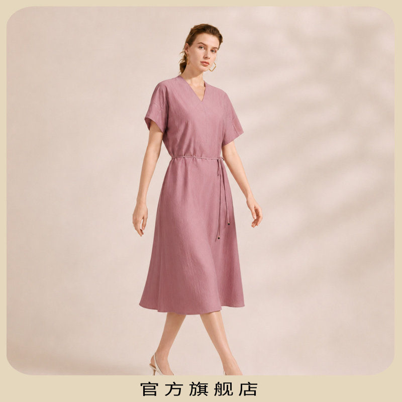 【KLOVA】新款夏季女豆沙粉V领A摆简约松弛感连衣裙LW6285(UN)