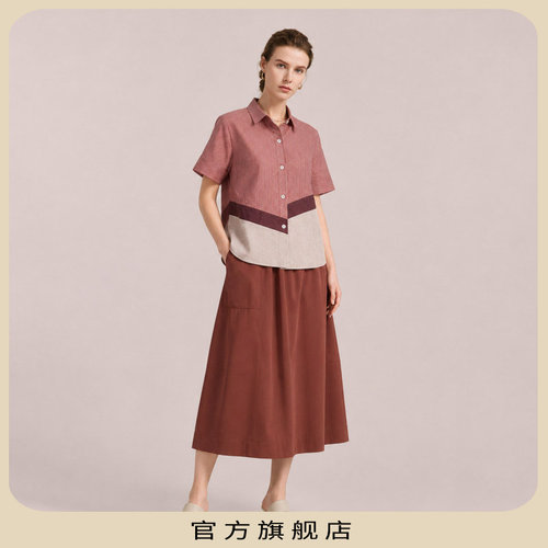 显白霓红条纹拼接衬衫