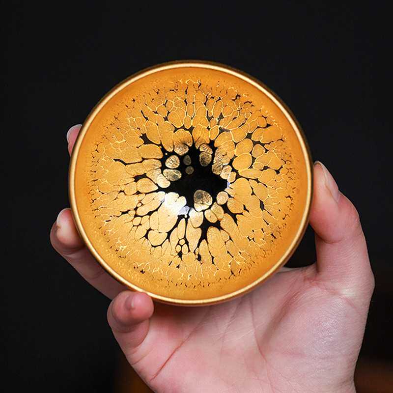 ?金盏金油滴建盏茶杯主人杯纯手工铁胎天目盏鎏金陶瓷杯名家茶盏