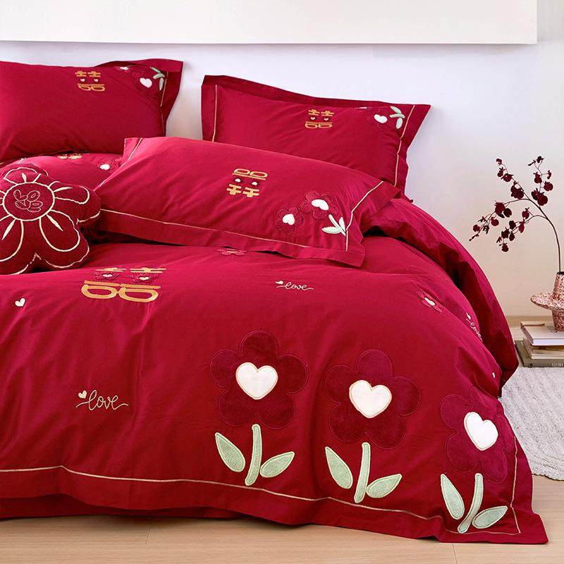 新婚庆贴布绣花朵四件套长绒棉全棉100S纯棉喜字红色结婚被套床品