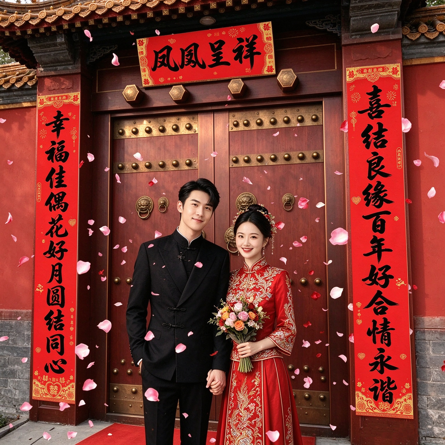 11言结婚对联书法男女方新婚农村大门婚联娘家婚房全背胶自粘喜联