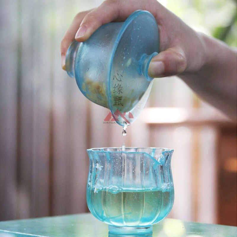 心缘甄风雅琉璃倾心盖碗冰透蓝色功夫茶具茶杯单个泡茶碗120ml
