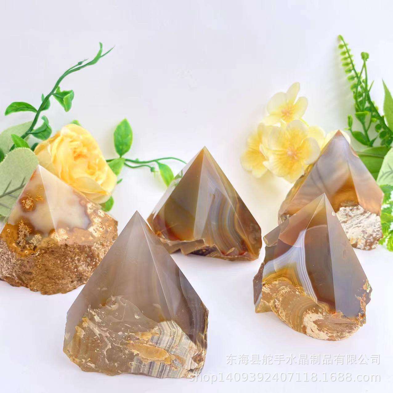 天然晶体红玛瑙切面六棱柱 原石切割打磨金字塔 家居办公消磁装饰