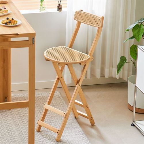 可折叠吧台椅家用现代简约高脚凳实木酒吧椅餐厅日式藤编靠背椅子
