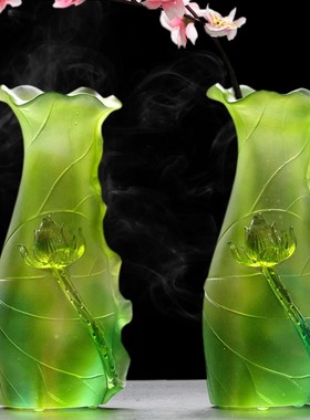 琉璃花瓶摆件一对客厅插花彩色手工简约古法琉璃荷花净瓶佛前供瓶