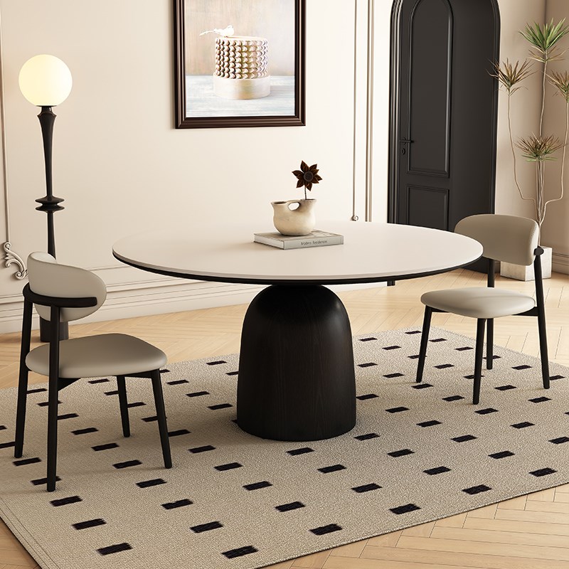 复古奶油风圆形餐桌家用带转盘意式现代简约黑色纯白实木岩板圆桌