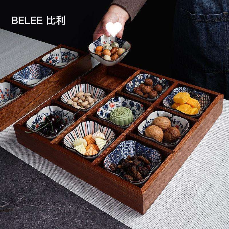 围炉煮茶中式茶点盘木质托盘九宫格多格干果盘小吃实木格水果盘无