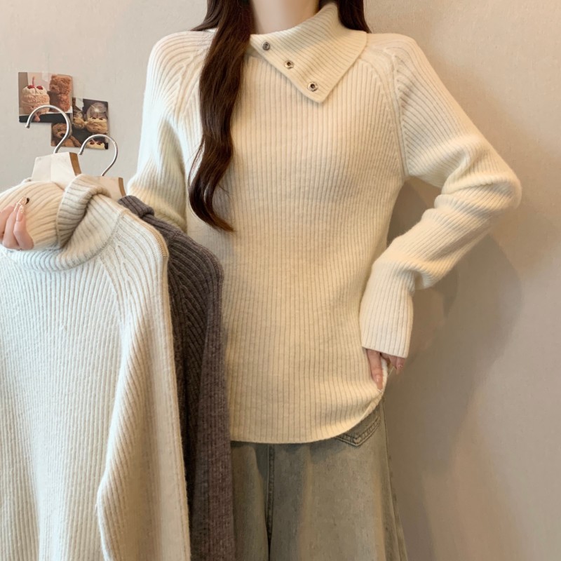实拍~ 大码胖MM秋冬新款法式翻领套头高领打底长袖上衣毛衣
