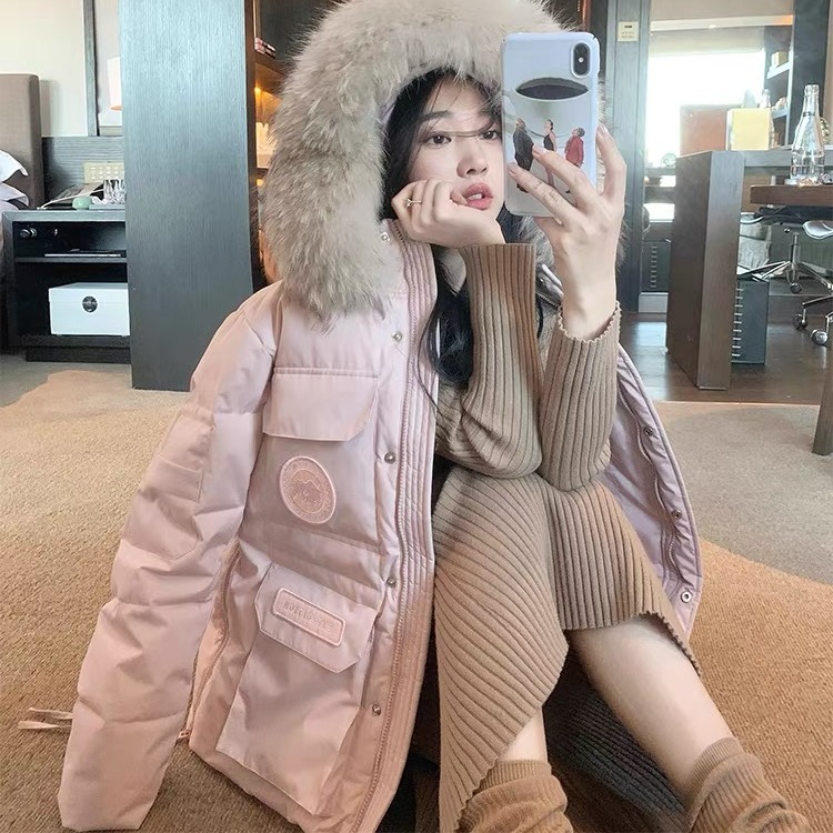 2025丹麦之冬极寒女短款加厚大毛领粉色工装派克服韩版羽绒棉服女