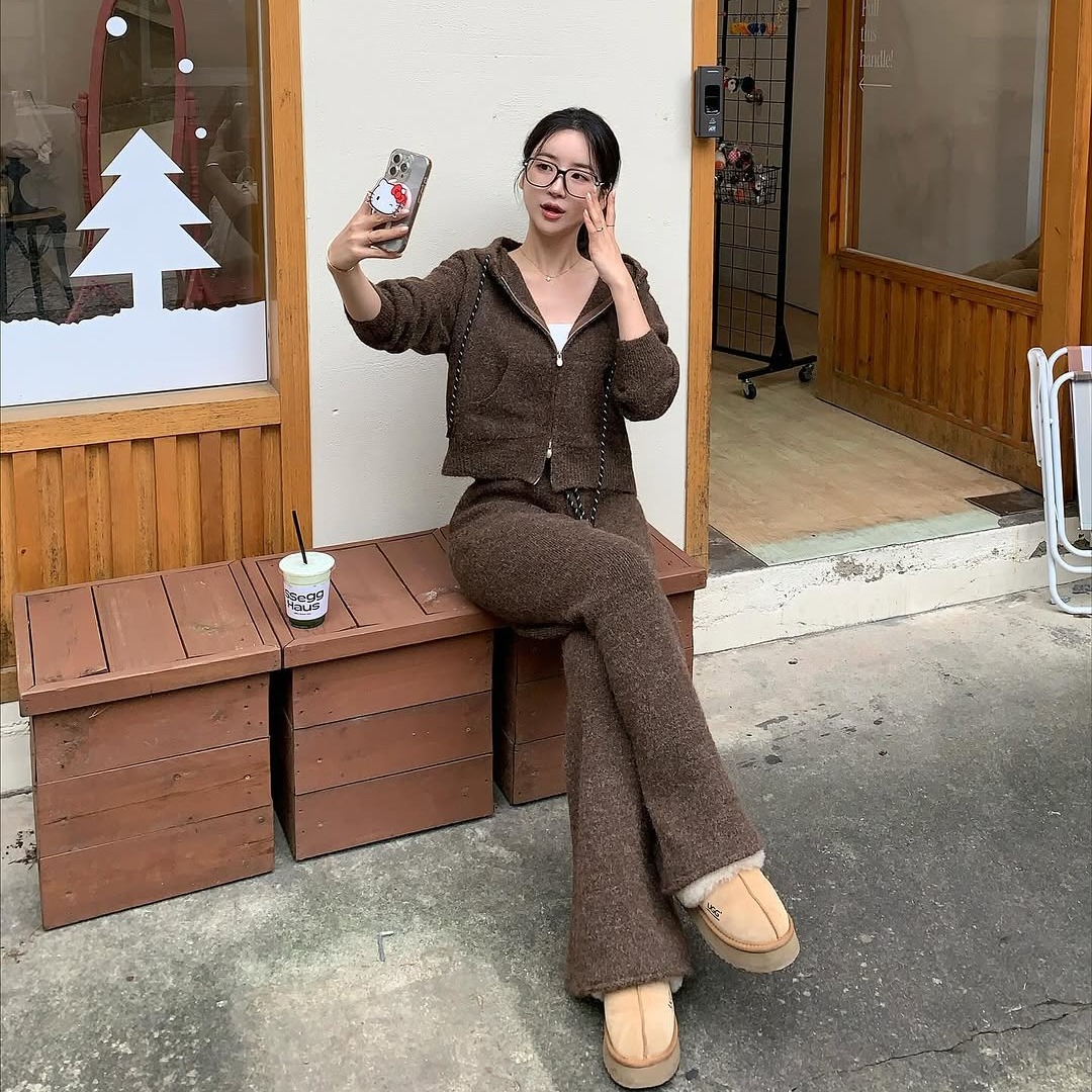 慵懒风软糯百搭连帽针织毛衣外套女2025秋冬新款休闲长裤子两件套