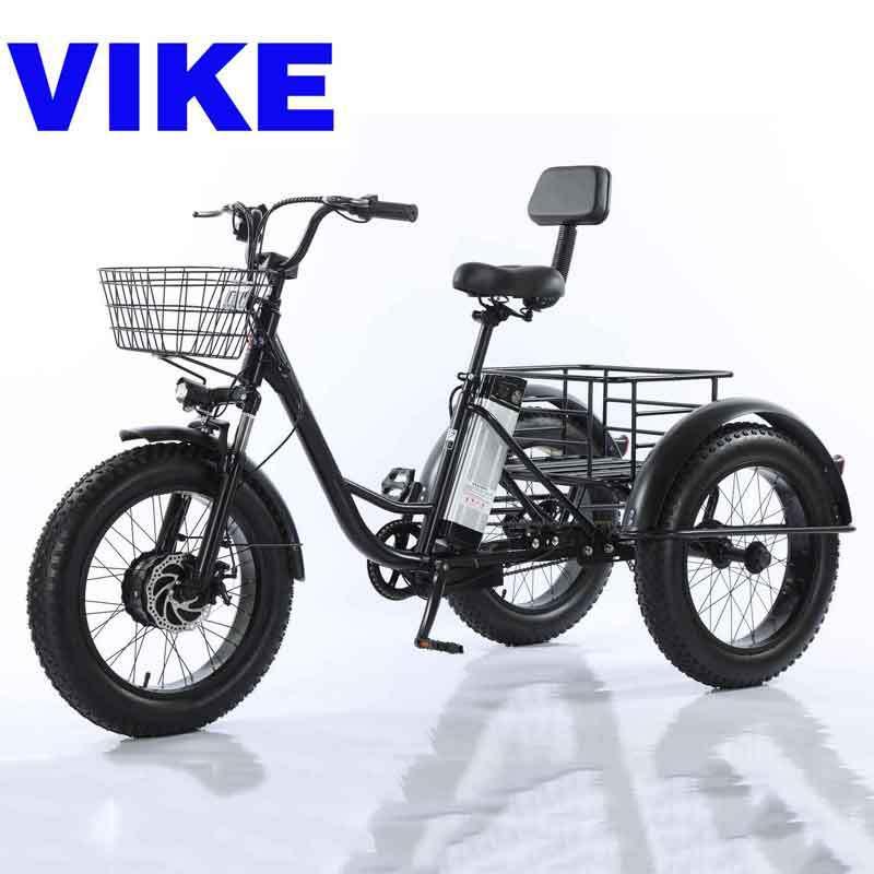 VIKE维克外贸跨境雪地宽胎锂电助力脚踩踏菜篮电动三轮自行车20寸