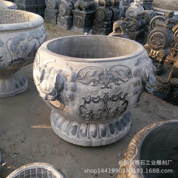 厂家供应石雕鱼缸做旧青石仿古石缸花盆摆件中式庭院圆形狮头鱼缸