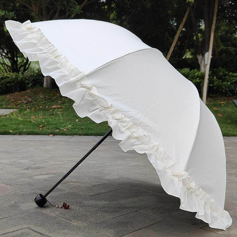 米白色三折太阳伞荷叶边蕾丝防晒遮阳晴雨伞纯色小清新洋伞无