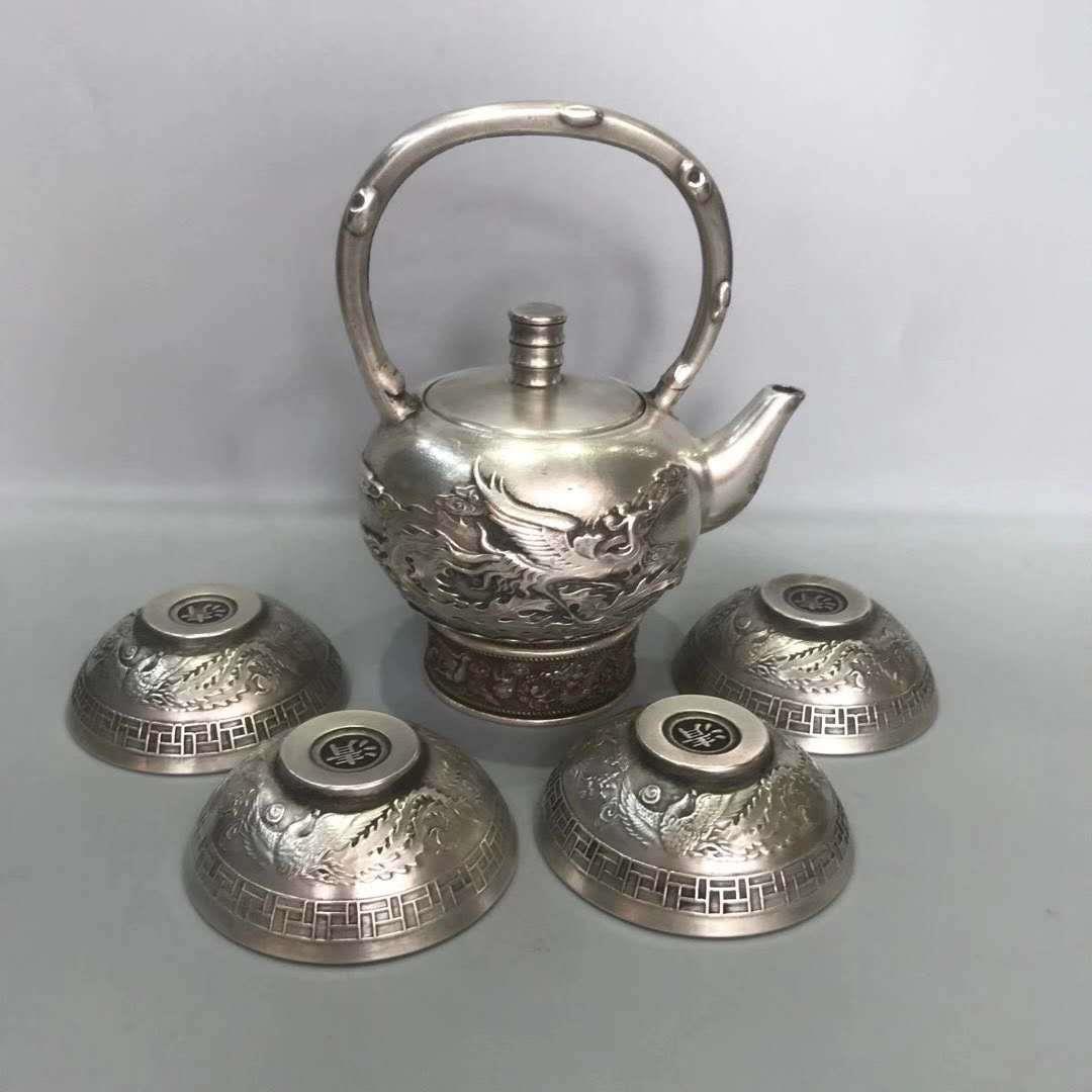 古玩杂项复古做旧老白铜镀银打造茶杯茶壶一套