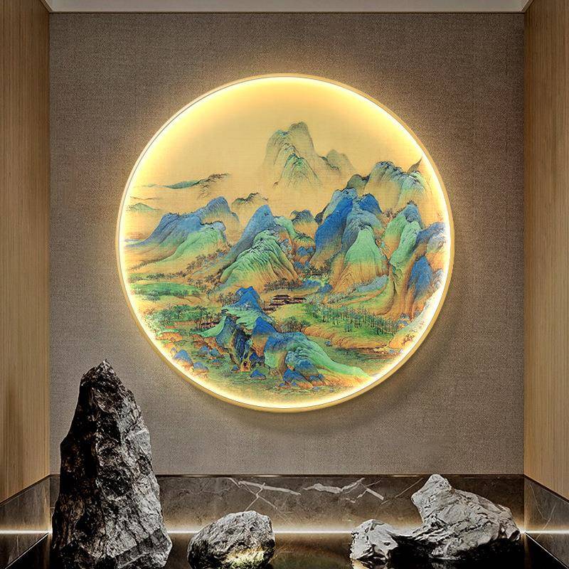 玄关山水画挂画国画led道灯走廊过装饰画江山入户千里图圆形壁画