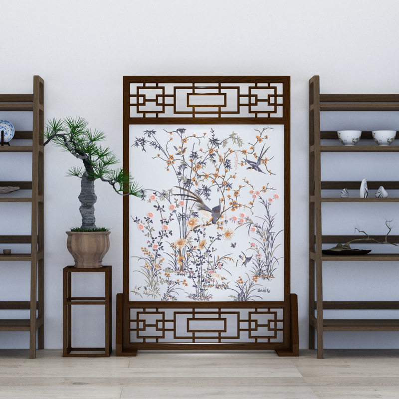 古典宫廷花鸟潮粤绣半透明纱布画单双面刺绣装饰画座屏风入户玄关