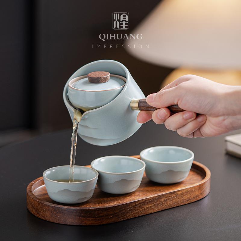 侧把逍遥壶旋转内胆茶壶小青柑专用泡茶壶一壶三杯带茶盘汝窑茶具