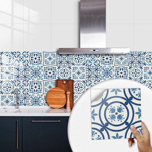 蓝白复古蓝色图案水晶硬片瓷砖贴纸洗手台厨房后挡板装饰自粘墙贴