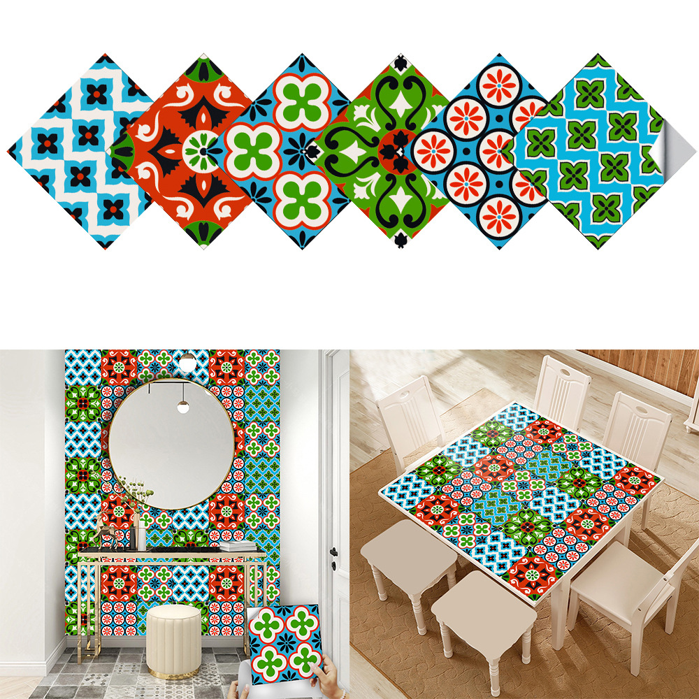 彩色复古花砖瓷砖贴地板楼梯踢脚线厨房浴室装饰画防水自粘墙贴纸