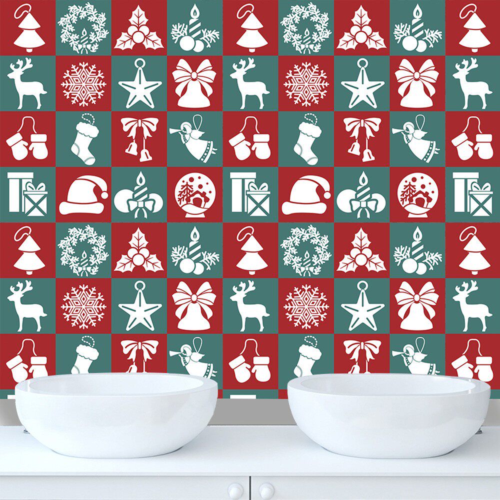 红绿圣诞花纹瓷砖贴地板楼梯贴腰线厨房浴室公寓装饰画自粘墙贴纸