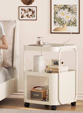 奶油风铁床头家用卧室小型柜床边51890置厅物架客可移动沙发边艺