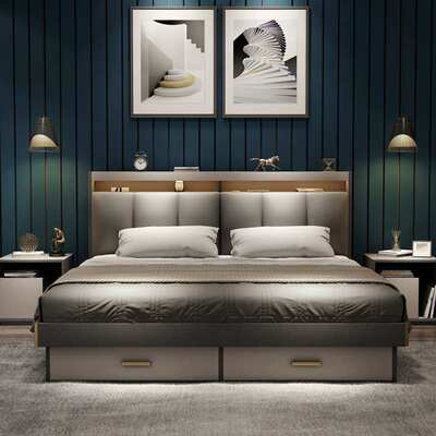 现代简约实木床主卧轻奢双人床1.5m高箱储物床厂家直销1.8米婚床