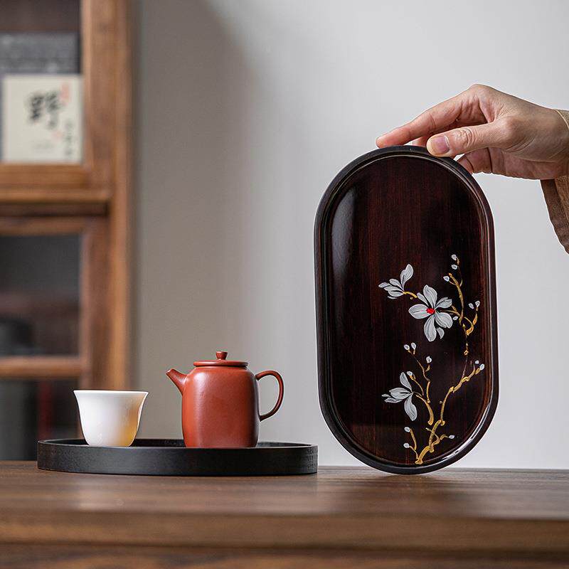 楠竹干泡托实木壶承简约盘单层sh小号茶壶盘家茶用手绘中式木底盘