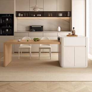 原木风岛台餐桌一体可伸缩高端岩板导台加餐桌大小户型多功能家用