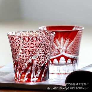 日式江户切子无铅水晶玻璃威士忌杯手工雕刻轻奢果汁玻璃杯啤酒杯