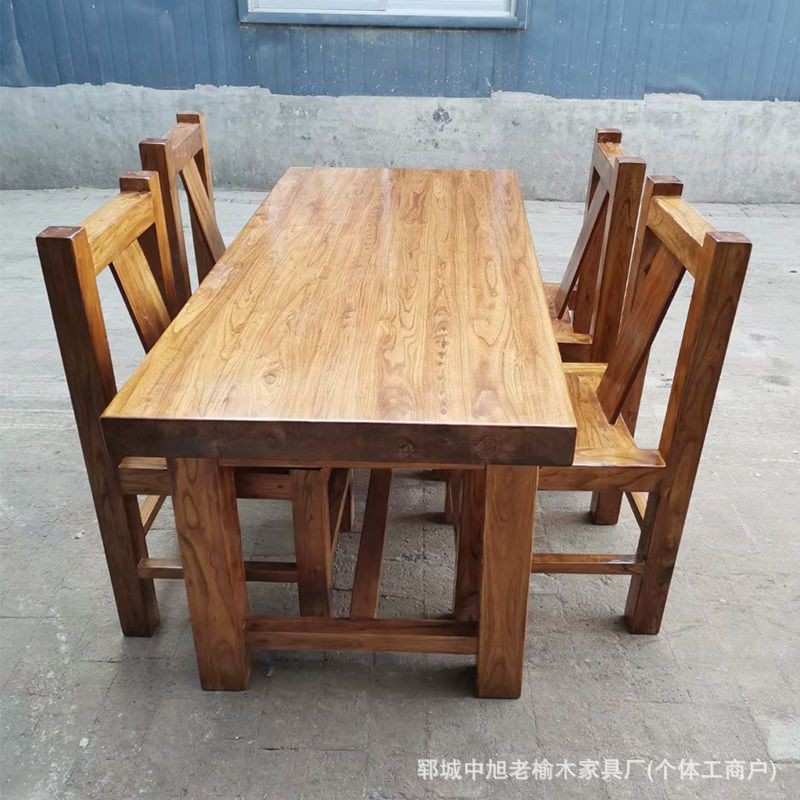 实木餐桌榆木老榆木餐桌椅小吃店餐厅家用饭店长方形酒店烧烤桌子