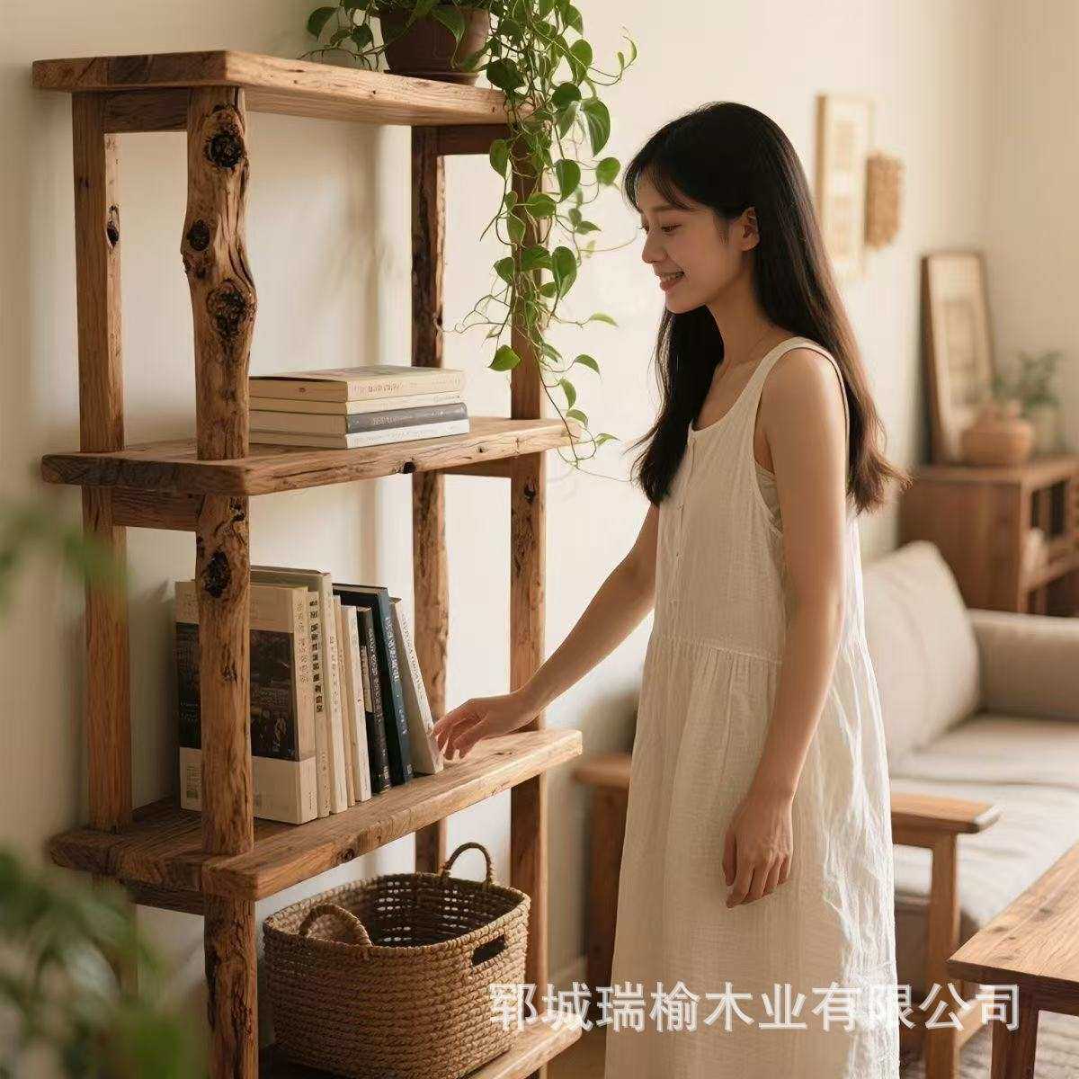 老榆木储物柜落地式靠墙收纳柜客厅餐边柜书房置物架中古风书架