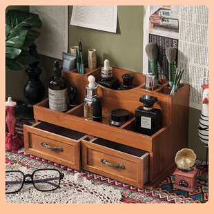 复古风木制带抽屉化妆护肤品寝室桌面收纳盒桌上置物架防尘小柜子