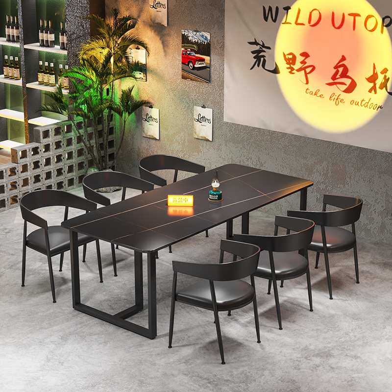 简约铁艺龙虾店桌椅组合轻奢奶茶店工业风酒吧长方形烤鱼烧烤店