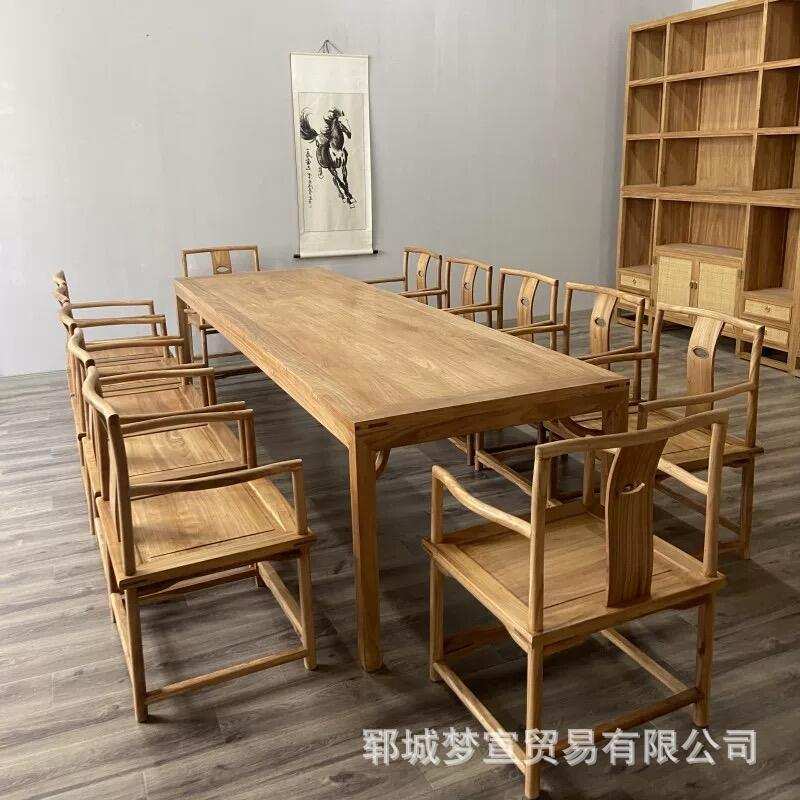 新中式老榆木茶桌实木多人位办公会议桌圈椅老门板茶台泡茶桌餐桌