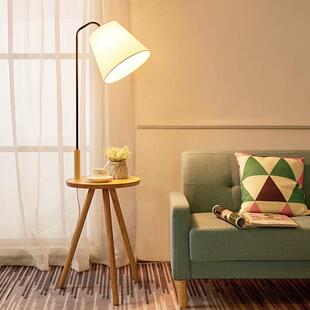 客厅茶几落地灯原木风设计感卧室床头柜置物架一体实木立式台灯