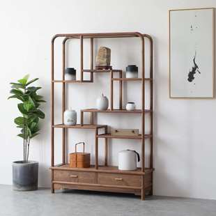 新中式黑胡桃多宝阁禅意实木博古架展示柜老榆木古董架免漆家具