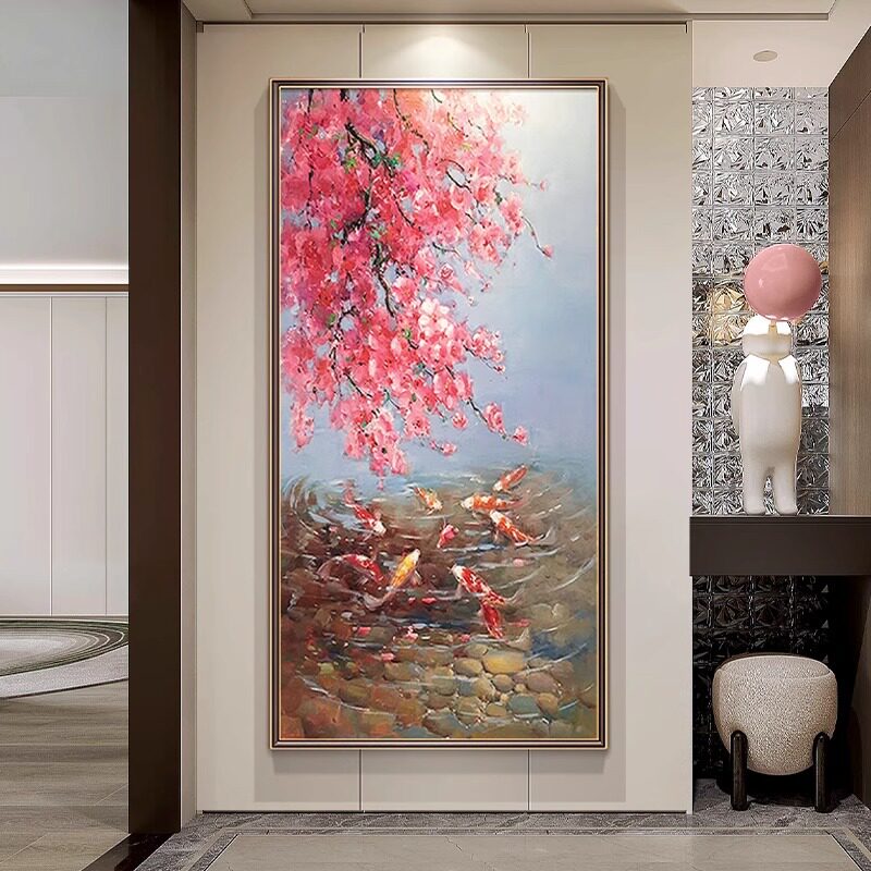 新中式九鱼图油画玄关装饰画入户过道走廊尽头挂画现代壁画