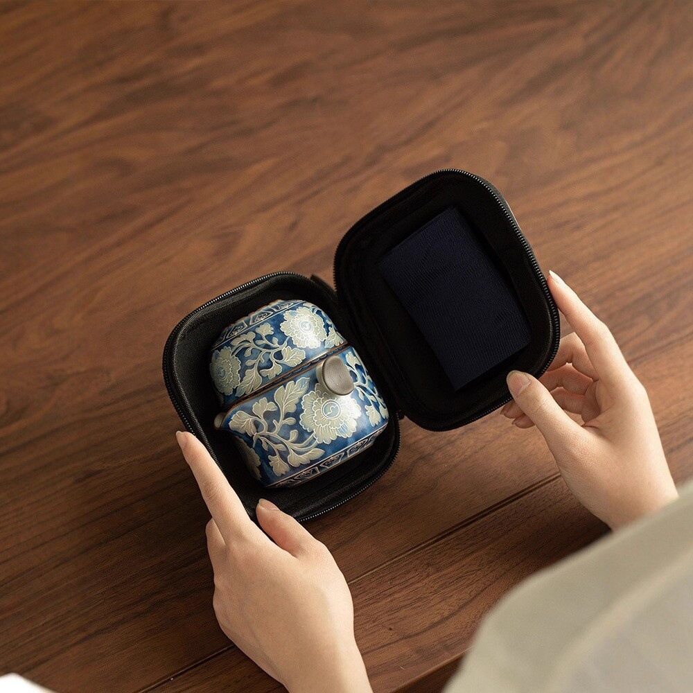 仿宋汝窑元青花双耳壶快客旅行茶具户外便携式一壶两杯陶瓷手抓壶