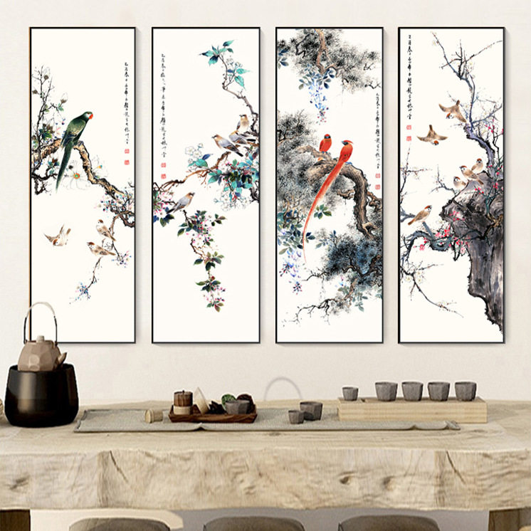 花鸟装饰画新中式书房茶室客厅沙发背景玄关挂画竖幅四条屏壁画
