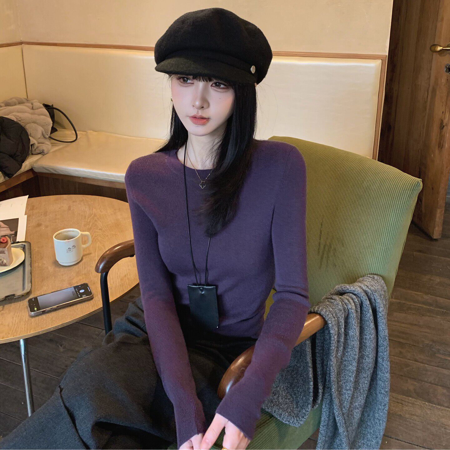 绝美超好看打底衫女羊毛针织衫春秋款可外穿内搭上衣紫色薄款毛衣